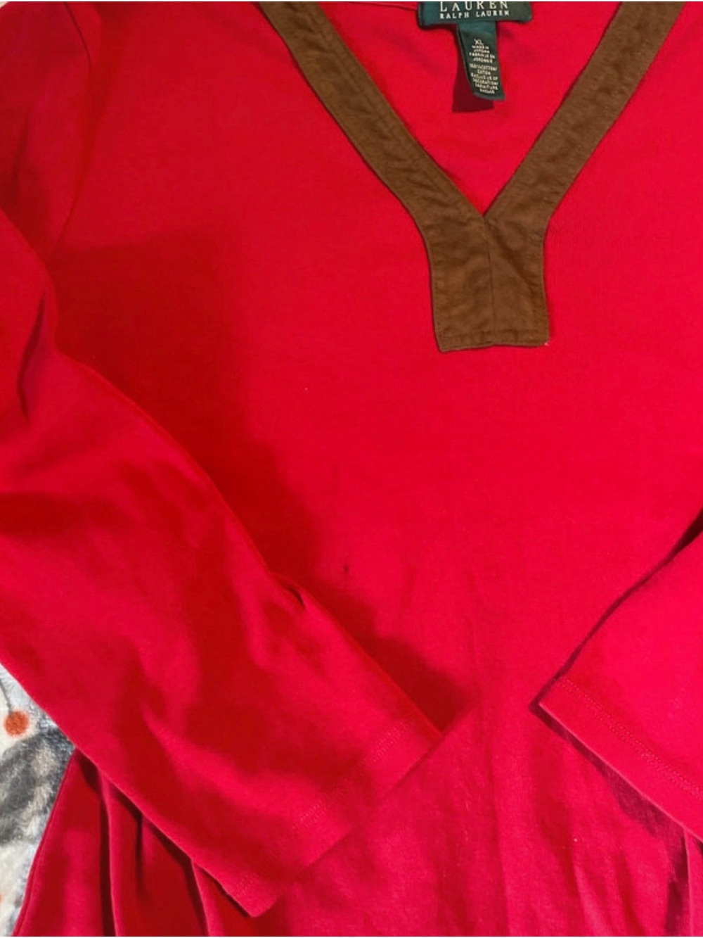 Women's Red V-Neck Long Sleeve Top with Contrast Trim Cotton Suede XL - Picture 4 of 5